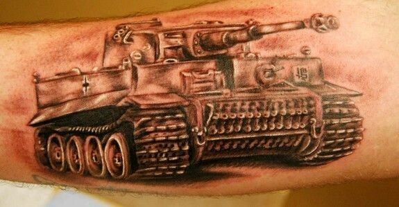 Realistic looking colored arm tattoo of WW2 tiger tank