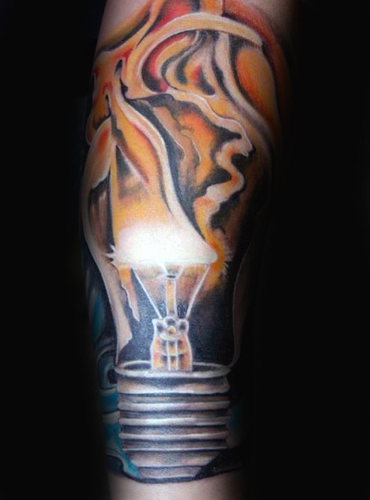 Realistic looking colored burning bulb tattoo on arm
