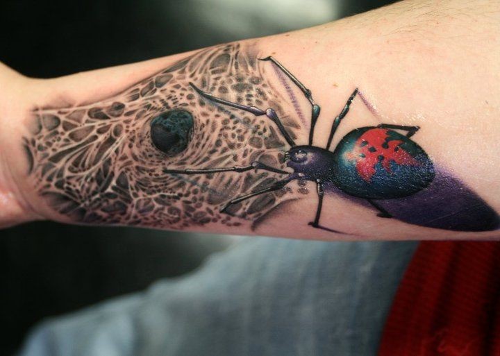 Realistic looking colored forearm tattoo of big spider with web