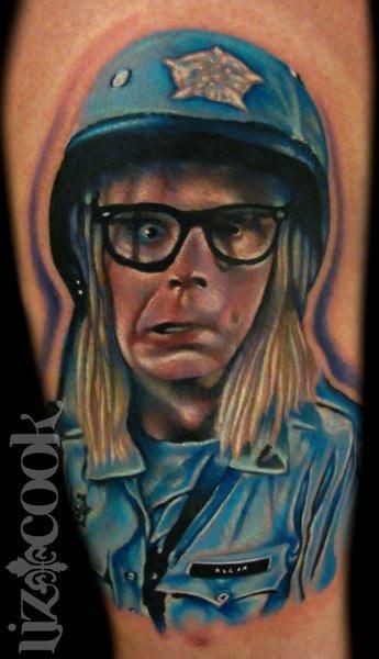 Realistic looking colored funny man tattoo