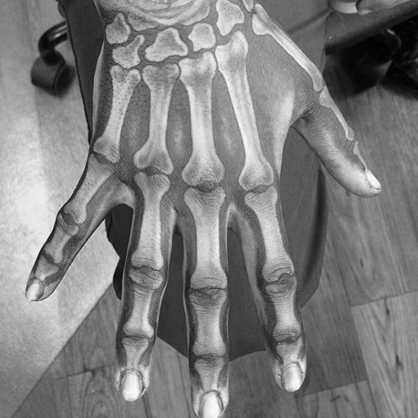Realistic looking colored hand tattoo of bone hand ...