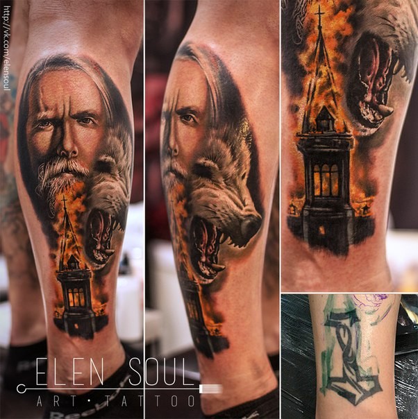 Realistic looking colored leg tattoo of fantasy wizard with wolf and burning church
