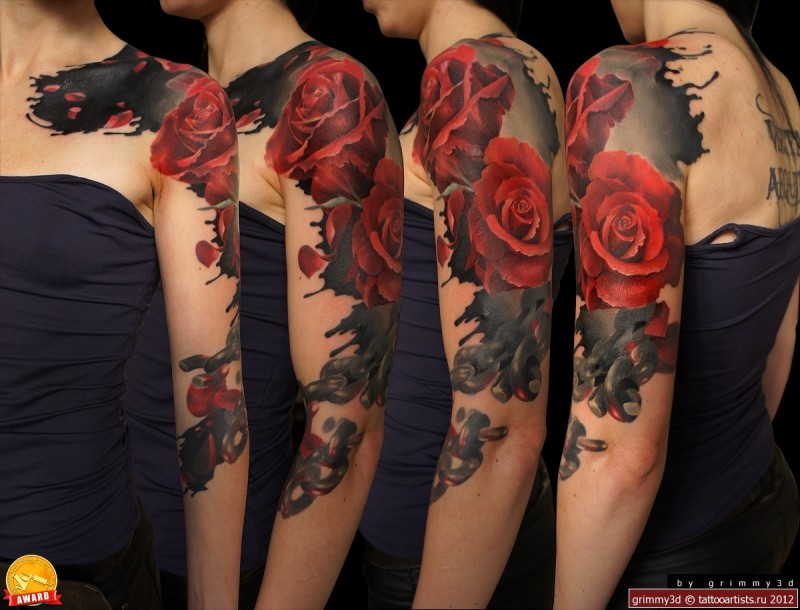 Realistic looking colored shoulder and arm tattoo of big roses