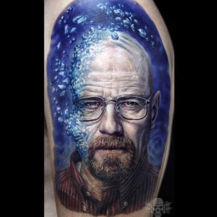 realistic looking colored shoulder tattoo of Breaking Bad hero portrait