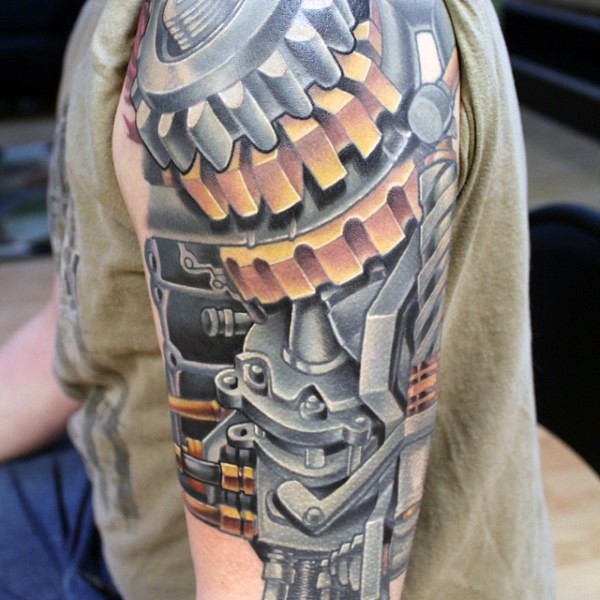 Realistic looking colored shoulder tattoo of car engine