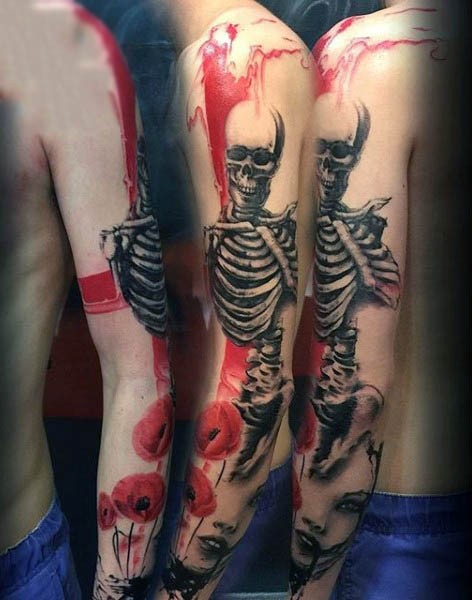 Realistic looking colored skeleton with woman portrait tattoo on sleeve