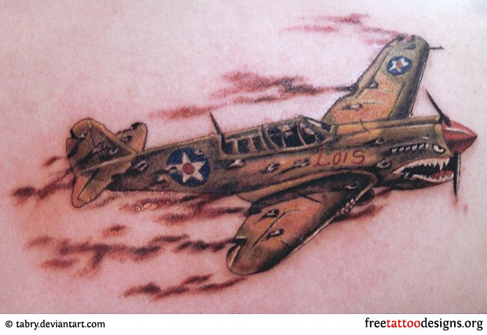 Realistic looking colored tattoo of WW2 plane