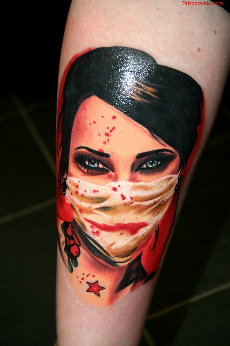 Realistic looking colored thigh tattoo of bloody nurse portrait