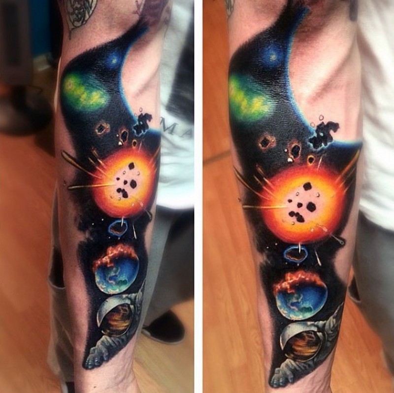 Realistic looking colorful deep space tattoo on sleeve