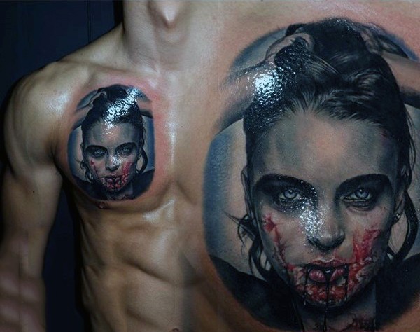 Realistic looking colorful vampire woman tattoo on chest