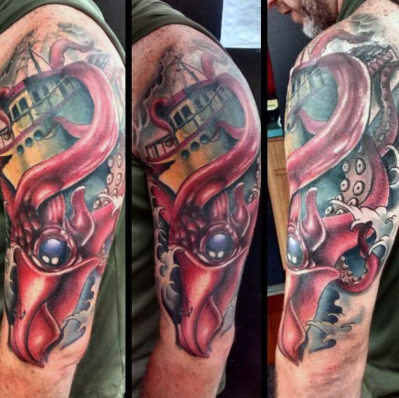 Realistic looking multicolored squid shoulder tattoo with fishing ship