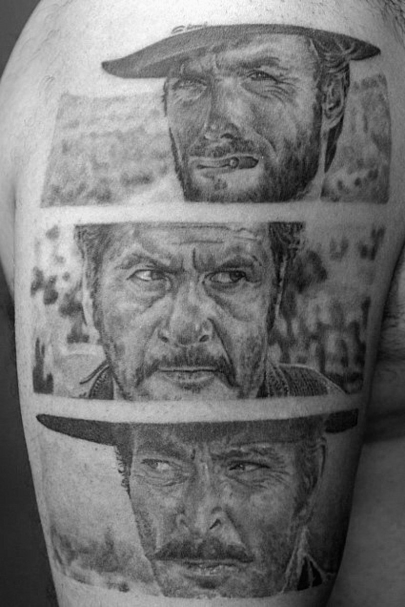 Tatuaje en el brazo,
tres fotos de actores famosos, colores negro y blanco