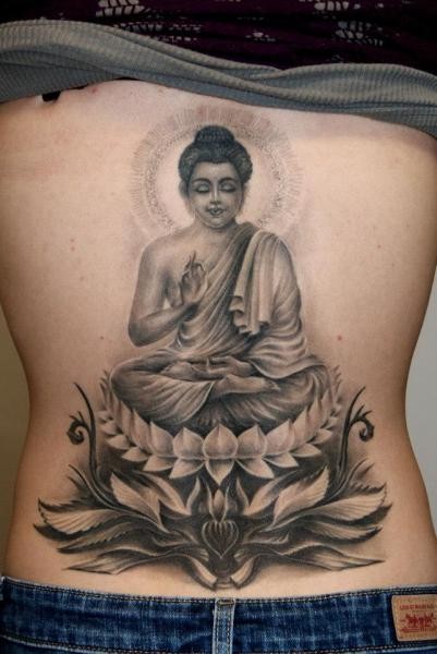 Realistic meditating buddha tattoo on back