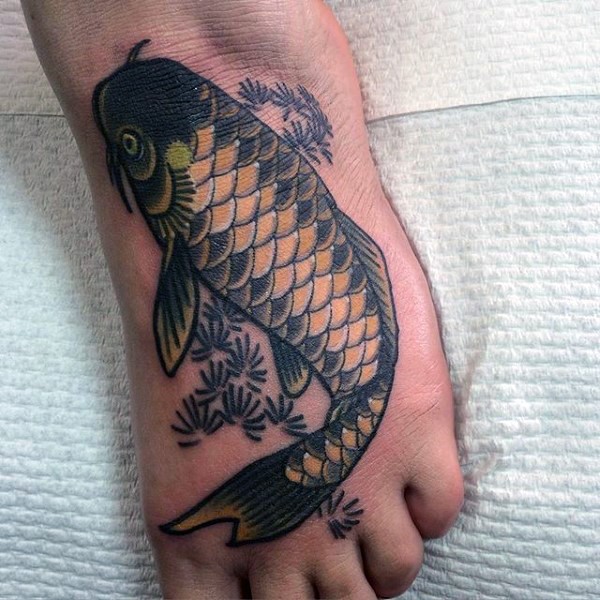 Realistic naturally colored detailed carp fish tattoo on foot