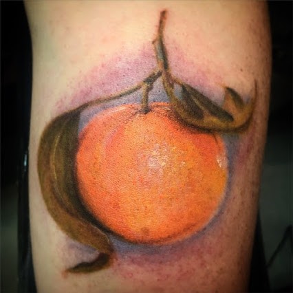 Realistic naturally colored tangerine tattoo in 3D realistic style
