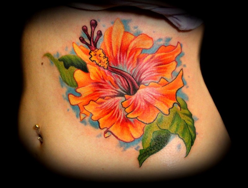 Realistic orange hibiscus flower tattoo on ribs