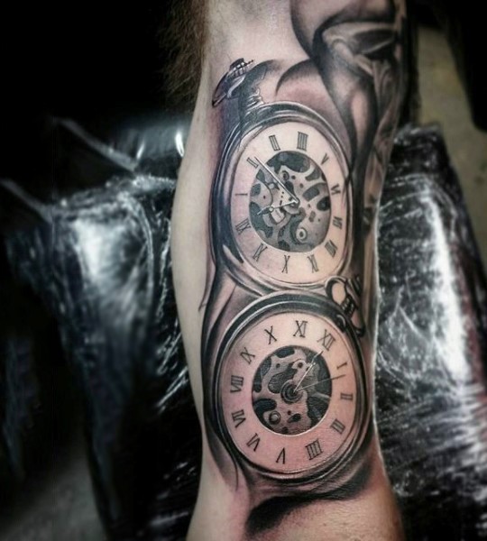 Realistic photo like black and white mechanic pocket clocks tattoo on arm