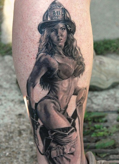 Realistic photo like black and white sexy firefighter woman tattoo on leg
