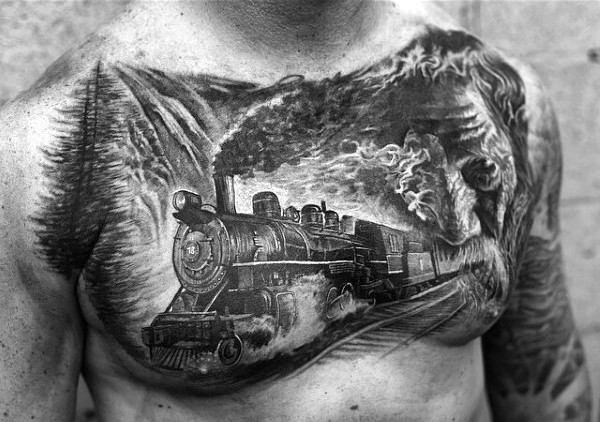 Realistic photo like black ink old steamy train tattoo on chest