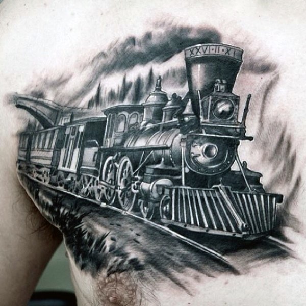 Realistic photo like black ink old train tattoo on chest