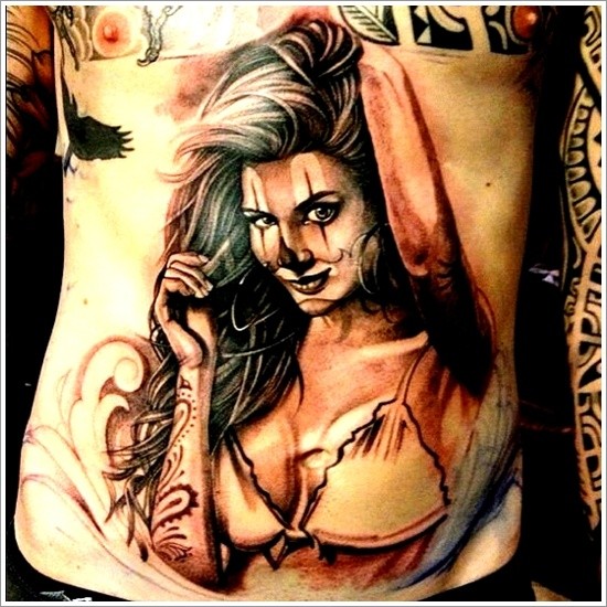 Realistic photo like colored sexy woman tattoo on belly