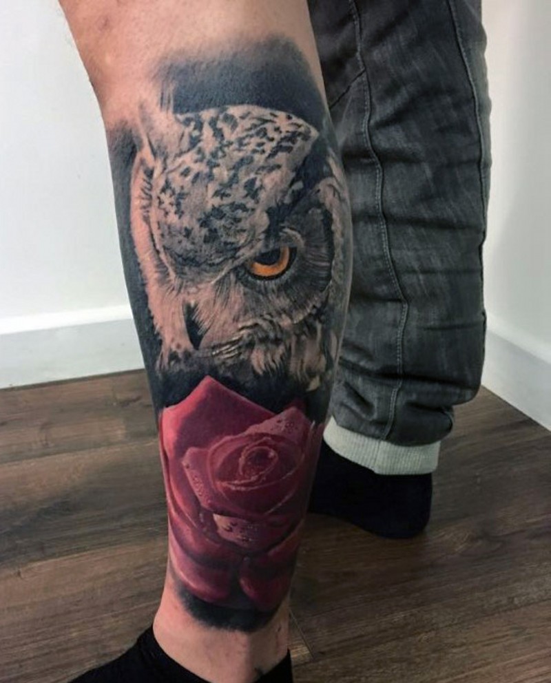 Realistic photo wonderful colored owl with rose tattoo on leg