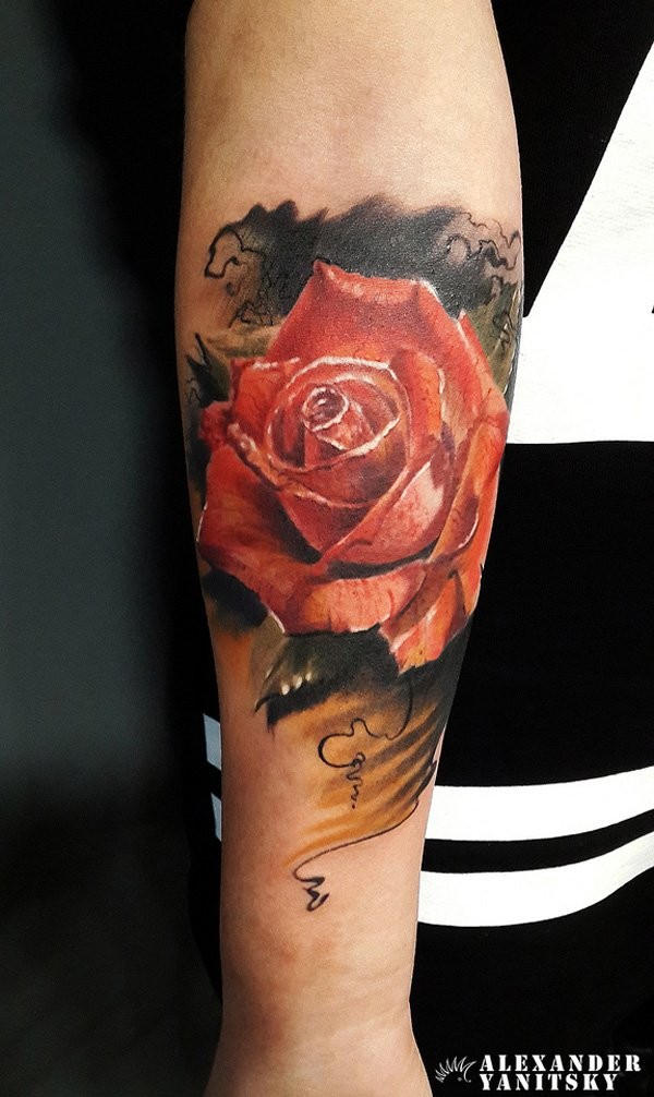 Realistic rose forearm tattoo