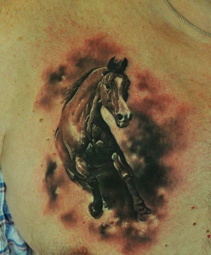 Realistic running horse tattoo on chest