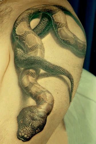Realistic snake tattoo on shoulder