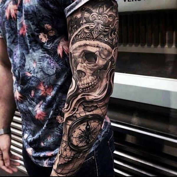 Realistic style detailed skull tattoo on sleeve combined with compass