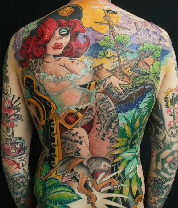 Red-haired woman pirate full back tattoo by jee sayalero
