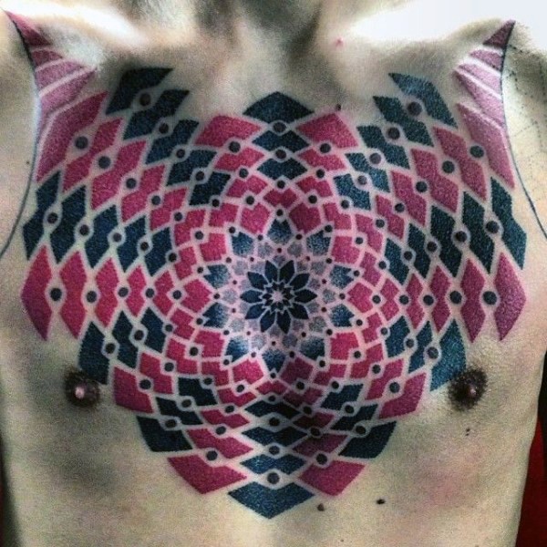 Red colored chest tattoo of ornamental flower