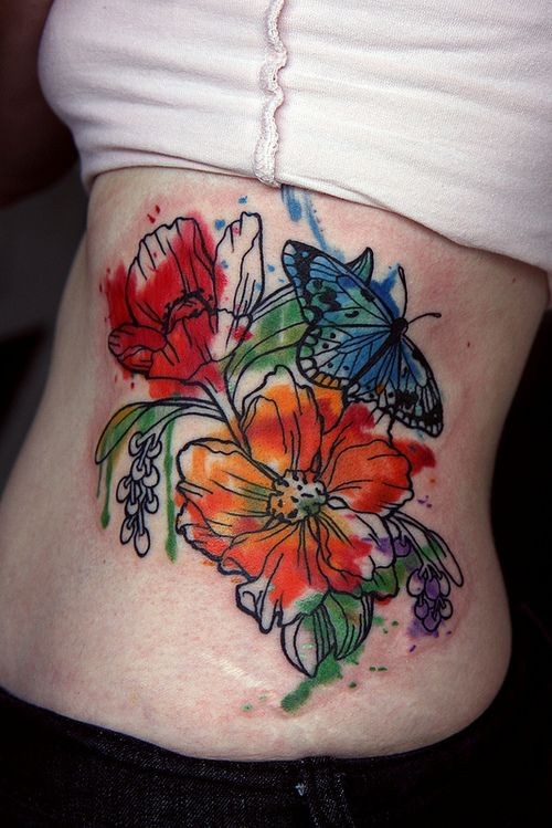 Red flowers with butterfly tattoo on ribs