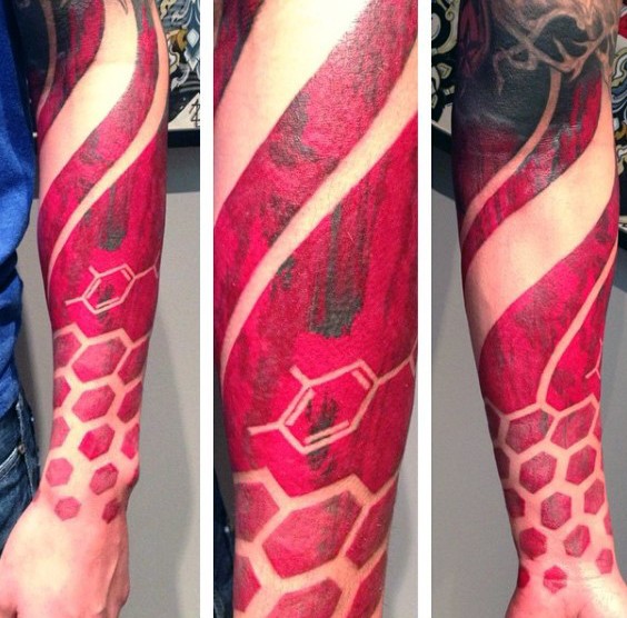 Red ink style amazing looking geometrical tattoo on forearm