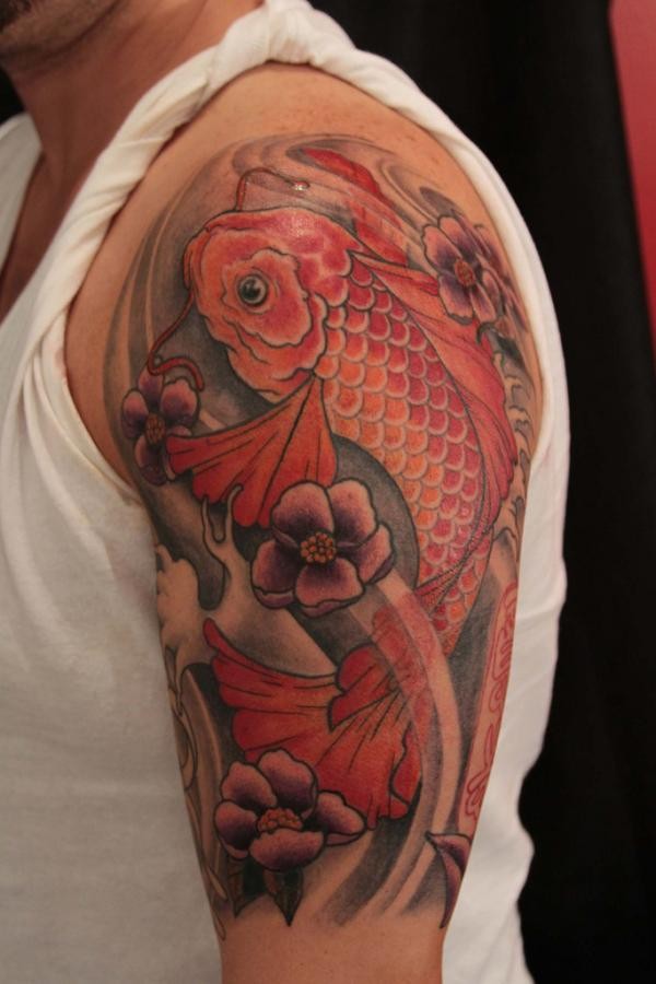 Red koi fish tattoo on half sleeve