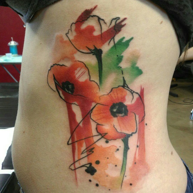 Red poppy flowers side tattoo in watercolor style