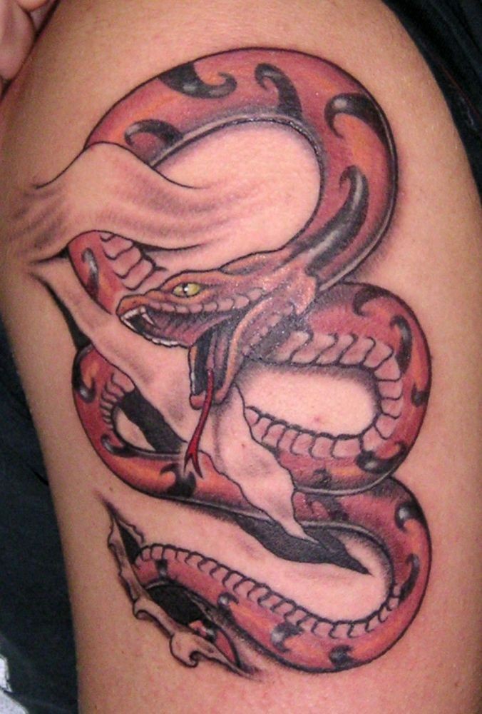 Red snake skin rip tattoo