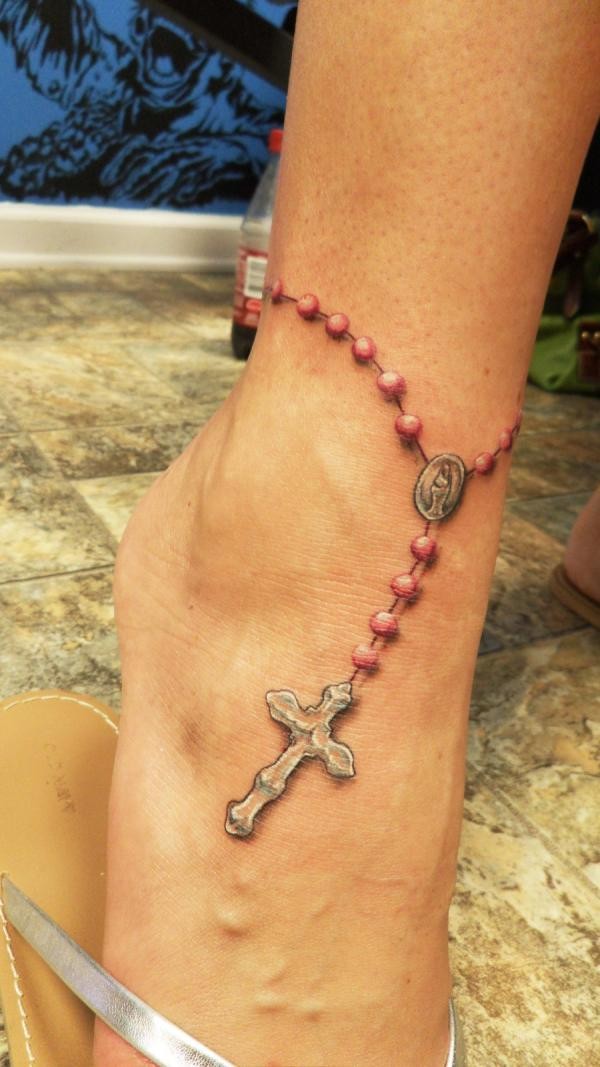 Red with white rosary ankle bracelet tattoo