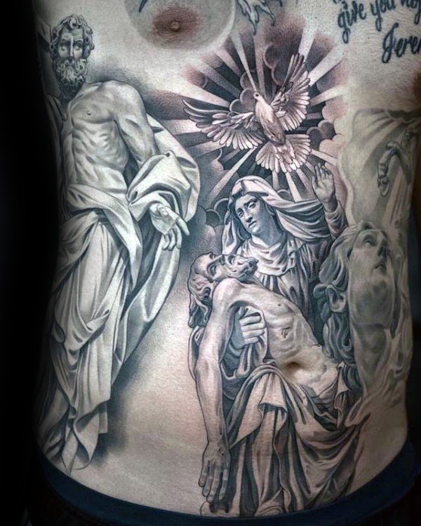 Religious style colored belly tattoo of angels and pigeon