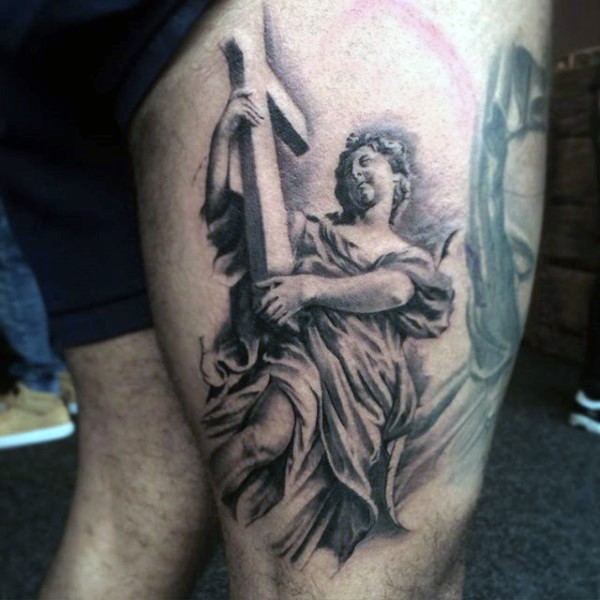 Religious style colored thigh tattoo of angel and cross