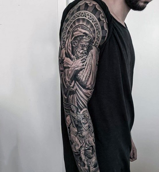 Religious themed black and white sleeve tattoo of angelic statues
