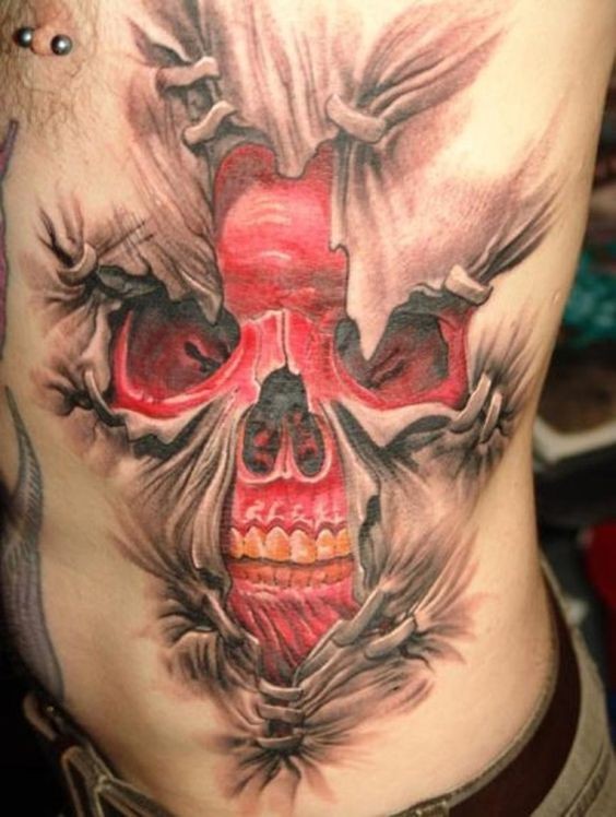 Ripped skin like multicolored creepy red skull tattoo on chest and waist