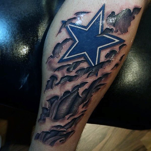 Ripped skin style colored leg tattoo of big blue star and muscle
