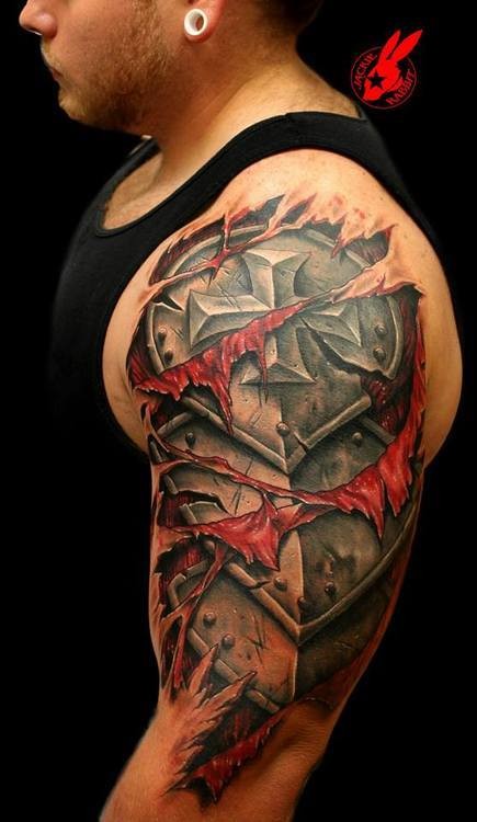 Ripped skin style colored shoulder tattoo of medieval iron armor