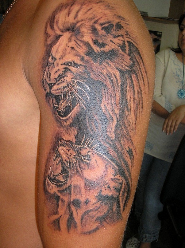 Tatuaggio simpatico sul braccio il leone e la leonessa feroci