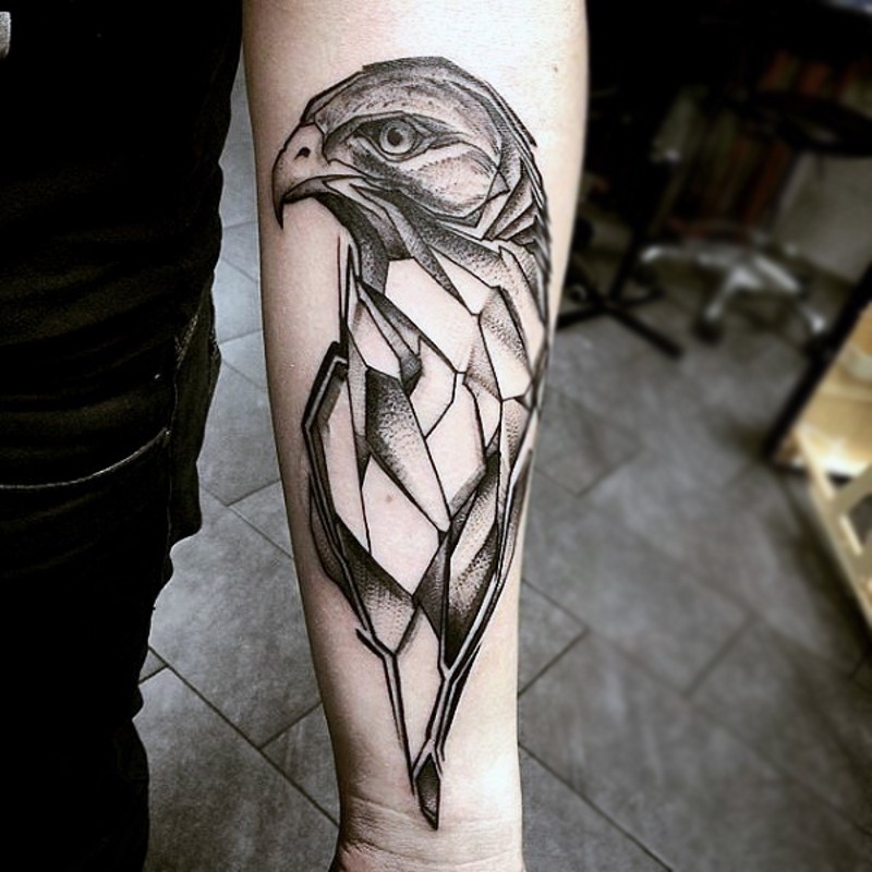 Rock like black ink forearm tattoo of little eagle