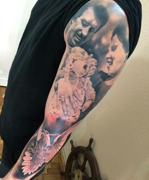 Romantic and sweet realistic looking black and white family with little kid tattoo on sleeve
