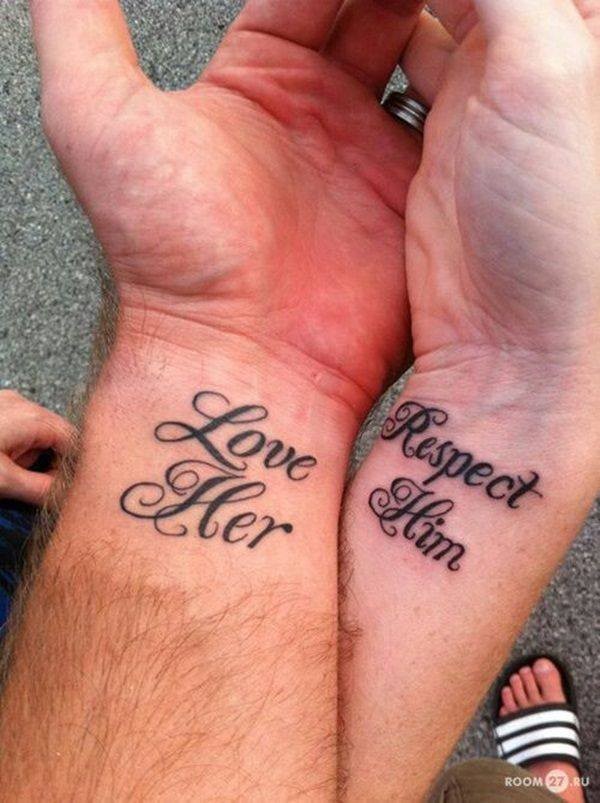 Romantic curled lettering wrist couple tattoo in dark black ink
