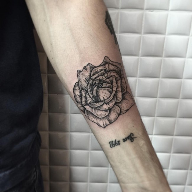Rose flower tattoo on forearm in dotted work with black ink lettering