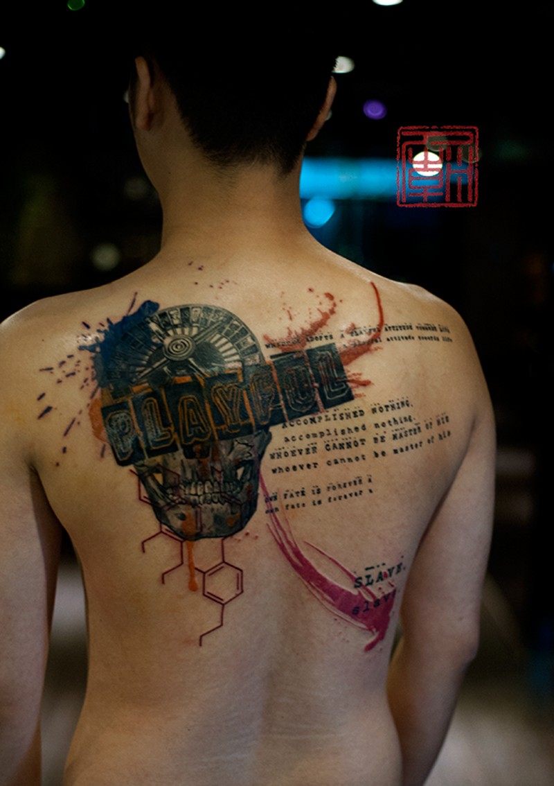 Roulette, skull and DNA gambling back colored tattoo in Polka trash style with lettering